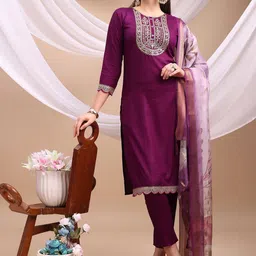 PATDOM Floral Yoke Design Sequinned Straight Kurta With Trousers & Dupatta-picture-32