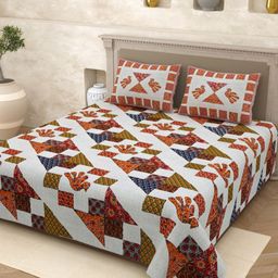 Myntra Elegant Homes White & Orange Ethnic Motifs 210 TC King Bedsheet with 2 Pillow Covers-image-101