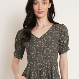 U&F Grey & wenge Print Puff Sleeve Top-image-99