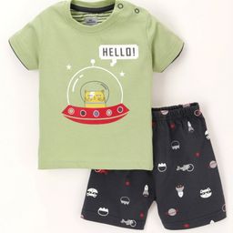 Mini Tauras Half Sleeves Night Suit Kitty Print - Green & Blue-image-58