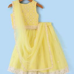 Babyhug Sleeveless Embroidered Net Choli Lehenga and Dupatta - Yellow-image-47