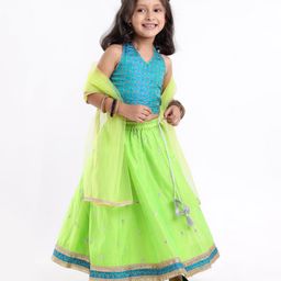 Babyhug Halter Neck Sleeveless Embroidered Choli with Chanderi Sequenced Embroidered Lehenga and Dupatta - Green-image-25