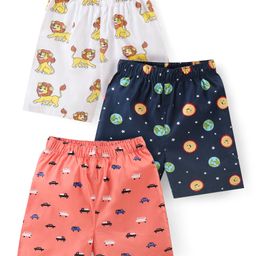 Babyhug Cotton Woven Regular Boxers Lion & Car Print Pack of 3 - White Navy & Pink-image-6