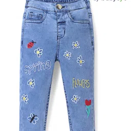 Babyoye Cotton Blend Full Length Jeans with Floral & Text Embroidered - Blue-picture-2