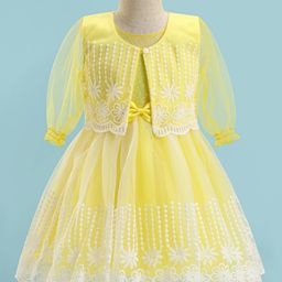 Babyhug Woven Full Puffed Sleeves Fit & Flare Floral Embroidered Frock with Shrug - Lemon Yellow-image-89