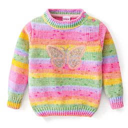 Babyhug Knitted Full Sleeves Pullover Sweater with Stripes Design & Sequin Butterfly Embroidery - Pink-image-63