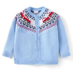 Babyhug Knitted Full Raglan Sleeves Front Open Sweater with Car Design - Light Blue-image-25