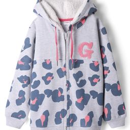 Kookie Kids Terry Knit Full Sleeves Hooded Sweatjacket with Leopard Print - Grey-image-63