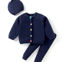 Yellow Apple Wool Knitted Full Raglan Sleeves Solid ColourSweater Set With Cable Knit Design & Cap - Navy Blue-image-94