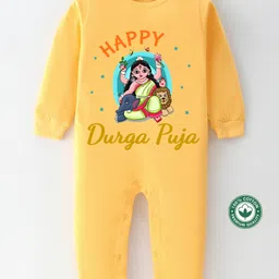 BLUSHES Durga Puja Theme 100% Cotton Full Sleeves Happy Durga Puja Text Printed Romper - Yellow-picture-24