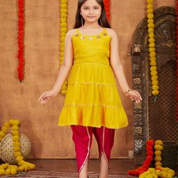 Aarika Rayon Sleeveless Floral Shaped Sequins & Gota Lace Embellished Dhoti Kurta Set - Yellow & Pink-image-12