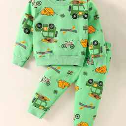 Evimo Looper Knit Full Sleeves T-Shirt & Joggers Set withVehicle Print - Neon Green-picture-27