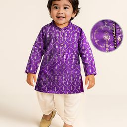 EARTHY TOUCH Cotton Satin Woven Full Sleeves Kurta Dhoti Set with Floral Foil Print - Purple-image-59