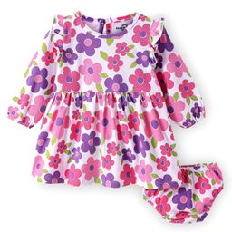 Doodle Poodle Single Jersey Knit Full Sleeves Frock with Bloomer & Floral Print - White-image-71