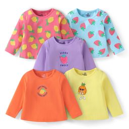 Doodle Poodle 100% Cotton Knit Full Sleeves T-Shirt With Fruits Print Pack Of 5 - Pink Yellow & Orange-image-55