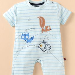 Mini Taurus Cotton Knit Half Sleeves Romper with Stripes & Animal Patch - Light Blue-27