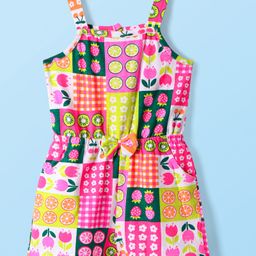 Babyhug Cotton Knit Sleeveless Jumpsuit With Floral & Fruit Print & Bow Applique - Pink-image-62