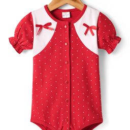 Mark & Mia Interlock Knit Half Sleeves Onesie With Polka Dot Print Cut & Sew Design & Bow Applique - Red-image-22