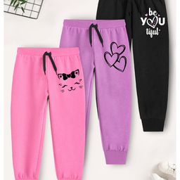 Trampoline Pack Of 3 Heart & Cat Printed Track Pants - Black Pink & Purple-image-33