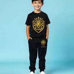Trampoline Cotton Blend Half Sleeves Lion Printed Tee With Track Pants Set - Black-image-97
