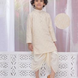 Little Bansi Cotton Full Sleeves Paisleys Embroidered Dhoti Kurta Set - Cream-image-52
