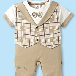 Mini Taurus Cotton Knit Half Sleeves Checks Party Romper With Bow Applique - Tan-24