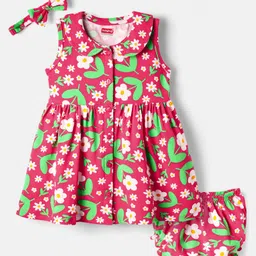 Babyhug Single Jersey Knit Sleeveless Floral Printed Frock With Bloomer & Headband - Red-picture-20