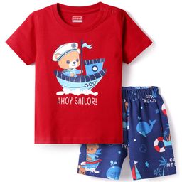 Babyhug Cotton Knit Half Sleeves Shorts Night Suit With Animal Print - Red & Blue-image-95