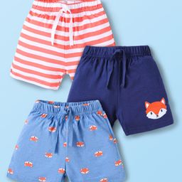 Babyhug Single Jersey Knit Mid Thigh Shorts with Stripes & Animal Print Pack Of 3 - Navy Blue & Red-image-100