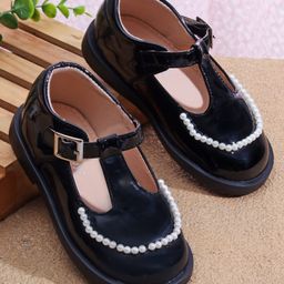 Babyoye Velcro Closure Solid Coloured Ballerina With Pearl Detailing - Black-image-43