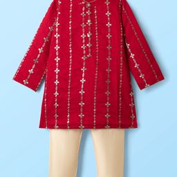 Babyhug Woven Full Sleeves Kurta Pajama Set With Floral & Sequin Embroidered - Red-image-108