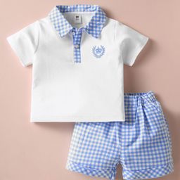 ToffyHouse Knitted Half Sleeves Polo T-Shirt & Shorts Set with Checks - Light Blue & White-picture-25