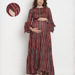 Mine4Nine Rayon Woven Half Bell Sleeves Striped & Abstract Printed Maternity Dress With Side Zipper Nursing Access - Red-image-46