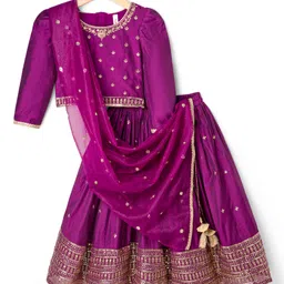 Babyhug Woven Three Fourth Sleeves Choli Lehenga & Dupatta Set With Floral Embroidery - Wine-picture-31
