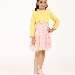 Zion Viscose Rayon Full Peasant Sleeves Hearts Glitter Printed Bow Applique Detailed Dress - Yellow & Pink-image-15