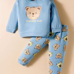 ToffyHouse Knitted Full Sleeves Night Suit With Bear Print - Light Blue-picture-24