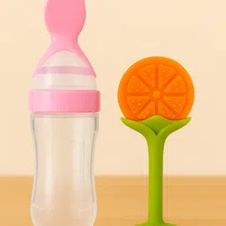Badal Kidz Baby Silicone Spoon Bottle with Soft Teether Feeder Combo , BPA Free Feeding Set- Pink & Orange-picture-14