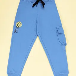 Kiddopanti Cotton Fleece Knit Smiley Printed Single Cargo Pocket Track Pant - Dust Blue-picture-1