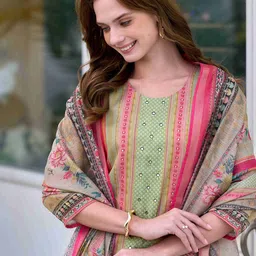 MOJILAA Women Printed Regular Sequinned Kurta with Trousers & With Dupatta image 4