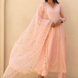 MAAND Embroidered V-Neck Anarkali Pure Silk Thread Work Kurta With Trousers And Dupatta-55