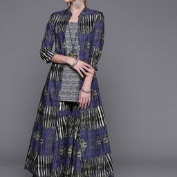 Biba Women Navy Blue & Off-White Printed Pure Cotton Kurti with Sharara & Ethnic Jacket-picture-29
