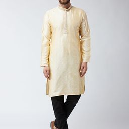 SOJANYA Men Beige & Black Embroidered Kurta with Churidar-30