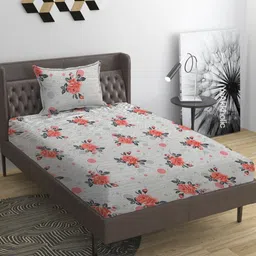YaAkholic Grey & Red Floral 210 TC Single Bedsheet with 1 Pillow Covers-picture-16