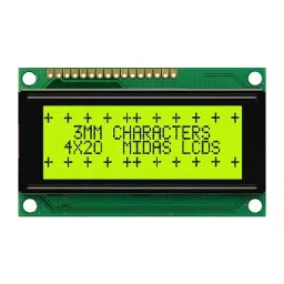 MIDAS DISPLAYS Display, Alphanumeric, 20X4, Yellow/Grn, MC42004A6W-SPTLY-V2-35