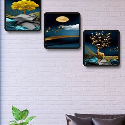 SAF Black & Blue 3 Pieces Deer & Tree Printed Wooden Wall Art-image-89