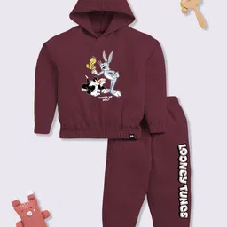 YK X Minute Mirth Girls Pure Cotton Looney Tunes Printed Sweatshirt with Joggers-image-2