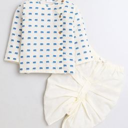 Polka Tots Full Sleeves Elephant Printed Angarkha Kurta With Solid Dhoti - Cream-image-77