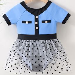 Kookie Kids Half Sleeves Frock Swimsuit Dots Print - Blue-image-85