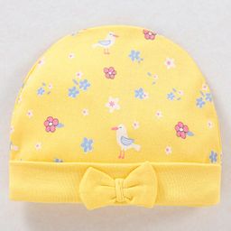 Babyhug 100% Cotton Knit Cap with Floral Print & Bow Applique - Yellow-image-31