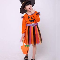Kaku Fancy Dress Halloween Pumpkin Dress With Hat And Candy Basket - Orange-43